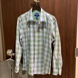 Blue and green plaid long sleeve dress shirt